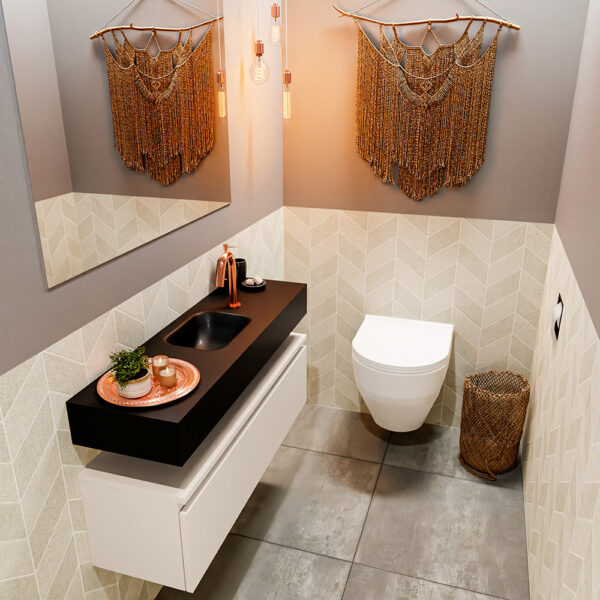 MONDIAZ ANDOR 100cm toiletmeubel linen. LEX 100cm wastafel urban positie midden. Met 1 kraangat