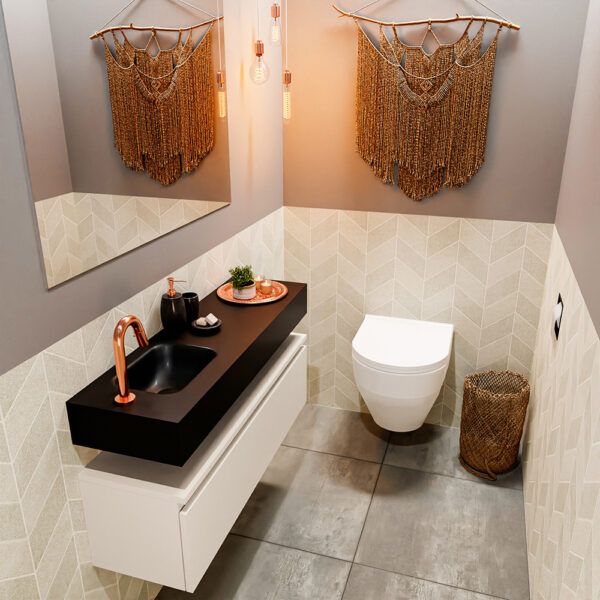 MONDIAZ ANDOR 100cm toiletmeubel linen. LEX 100cm wastafel urban positie links. Met 1 kraangat
