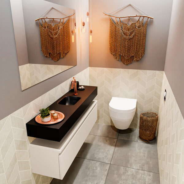MONDIAZ ANDOR 120cm toiletmeubel linen. LEX 120cm wastafel urban positie midden. Met 1 kraangat