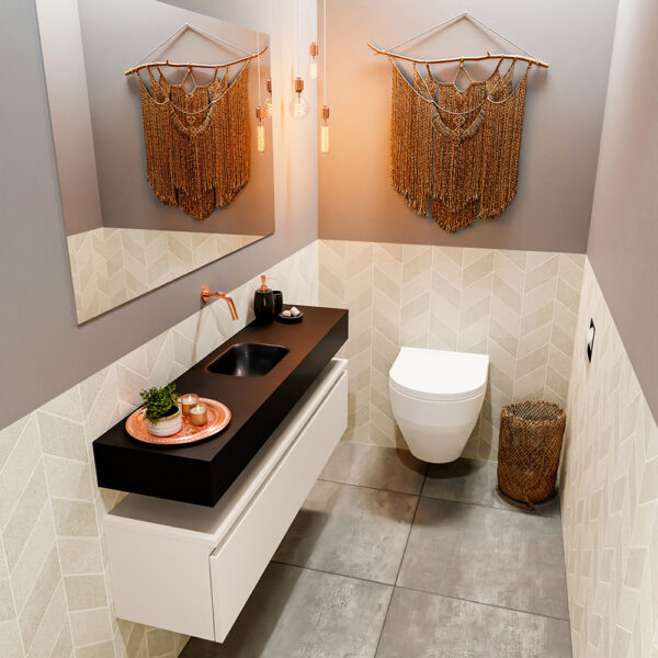 MONDIAZ ANDOR 120cm toiletmeubel linen. LEX 120cm wastafel urban positie midden. Zonder kraangat