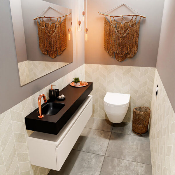 MONDIAZ ANDOR 120cm toiletmeubel linen. LEX 120cm wastafel urban positie links. Met 1 kraangat
