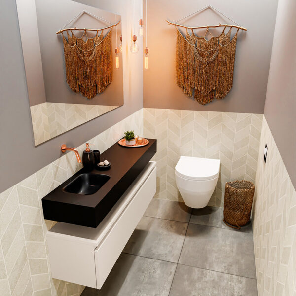 MONDIAZ ANDOR 120cm toiletmeubel linen. LEX 120cm wastafel urban positie links. Zonder kraangat