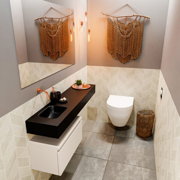 MONDIAZ ANDOR 60cm toiletmeubel linen. LEX 120cm wastafel urban positie links. Zonder kraangat