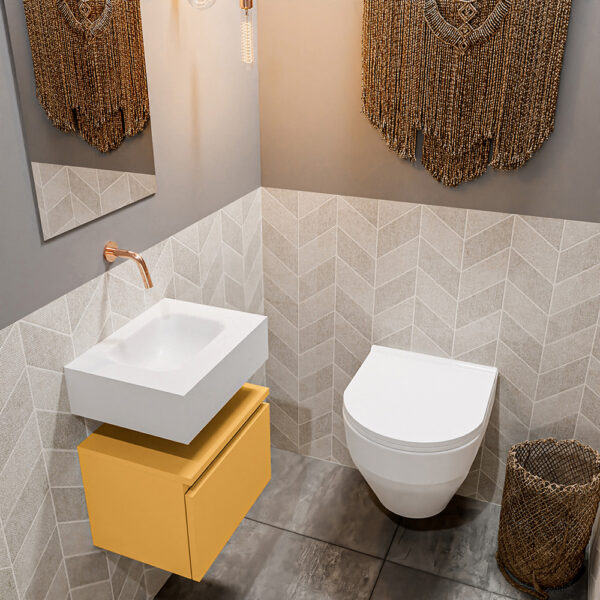 MONDIAZ ANDOR 40cm toiletmeubel ocher. LEX 40cm wastafel talc positie midden. Zonder kraangat
