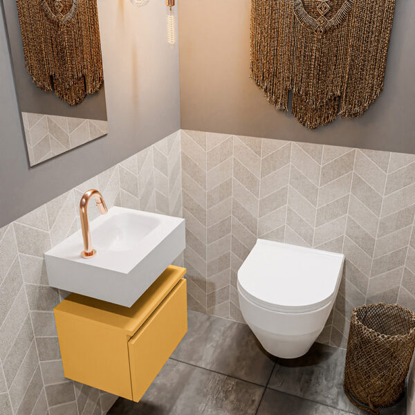 MONDIAZ ANDOR 40cm toiletmeubel ocher. LEX 40cm wastafel talc positie rechts. Met 1 kraangat