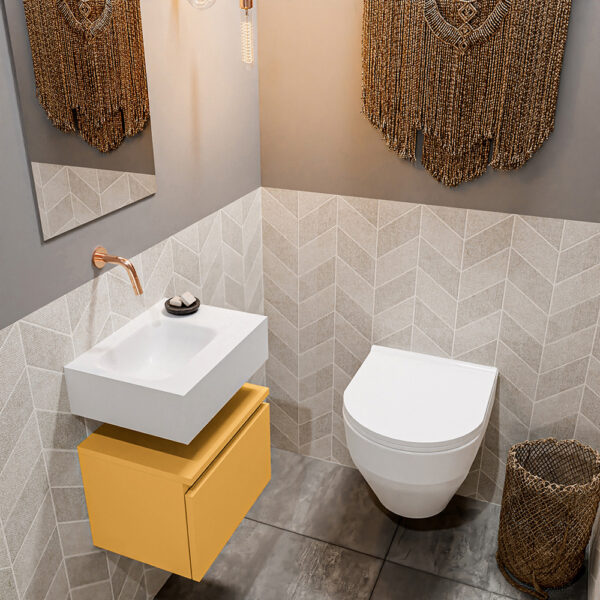 MONDIAZ ANDOR 40cm toiletmeubel ocher. LEX 40cm wastafel talc positie links. Zonder kraangat