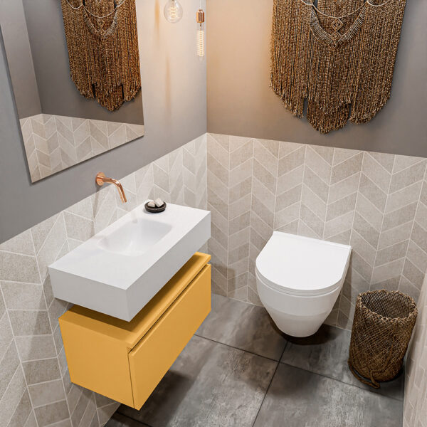 MONDIAZ ANDOR 60cm toiletmeubel ocher. LEX 60cm wastafel talc positie midden. Zonder kraangat