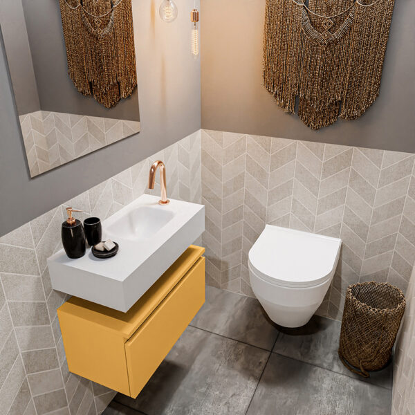 MONDIAZ ANDOR 60cm toiletmeubel ocher. LEX 60cm wastafel talc positie rechts. Met 1 kraangat