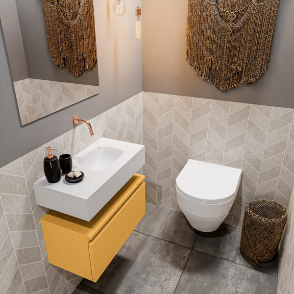 MONDIAZ ANDOR 60cm toiletmeubel ocher. LEX 60cm wastafel talc positie rechts. Zonder kraangat