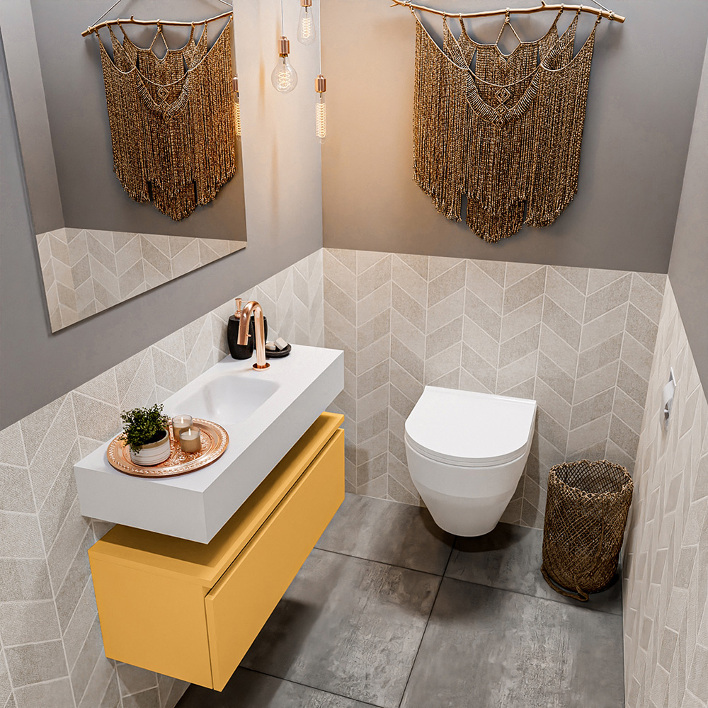 MONDIAZ ANDOR 80cm toiletmeubel ocher. LEX 80cm wastafel talc positie midden. Met 1 kraangat