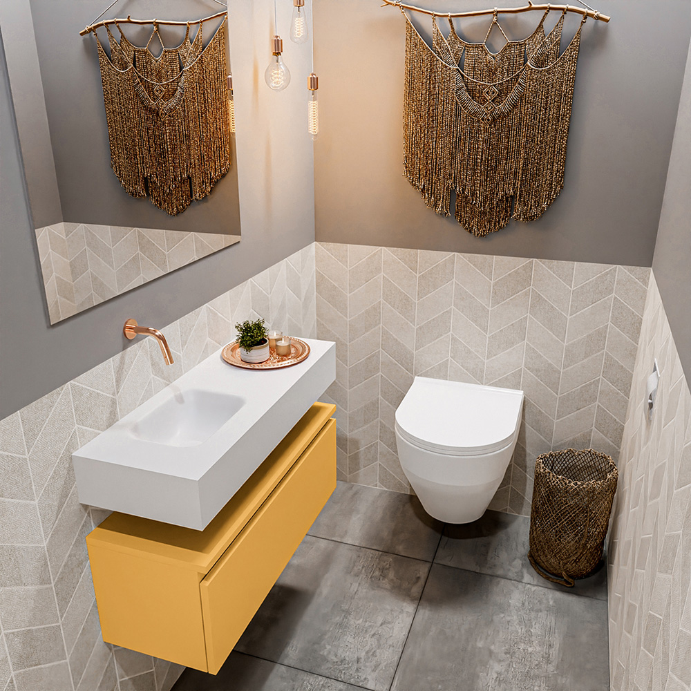 MONDIAZ ANDOR 80cm toiletmeubel ocher. LEX 80cm wastafel talc positie links. Zonder kraangat