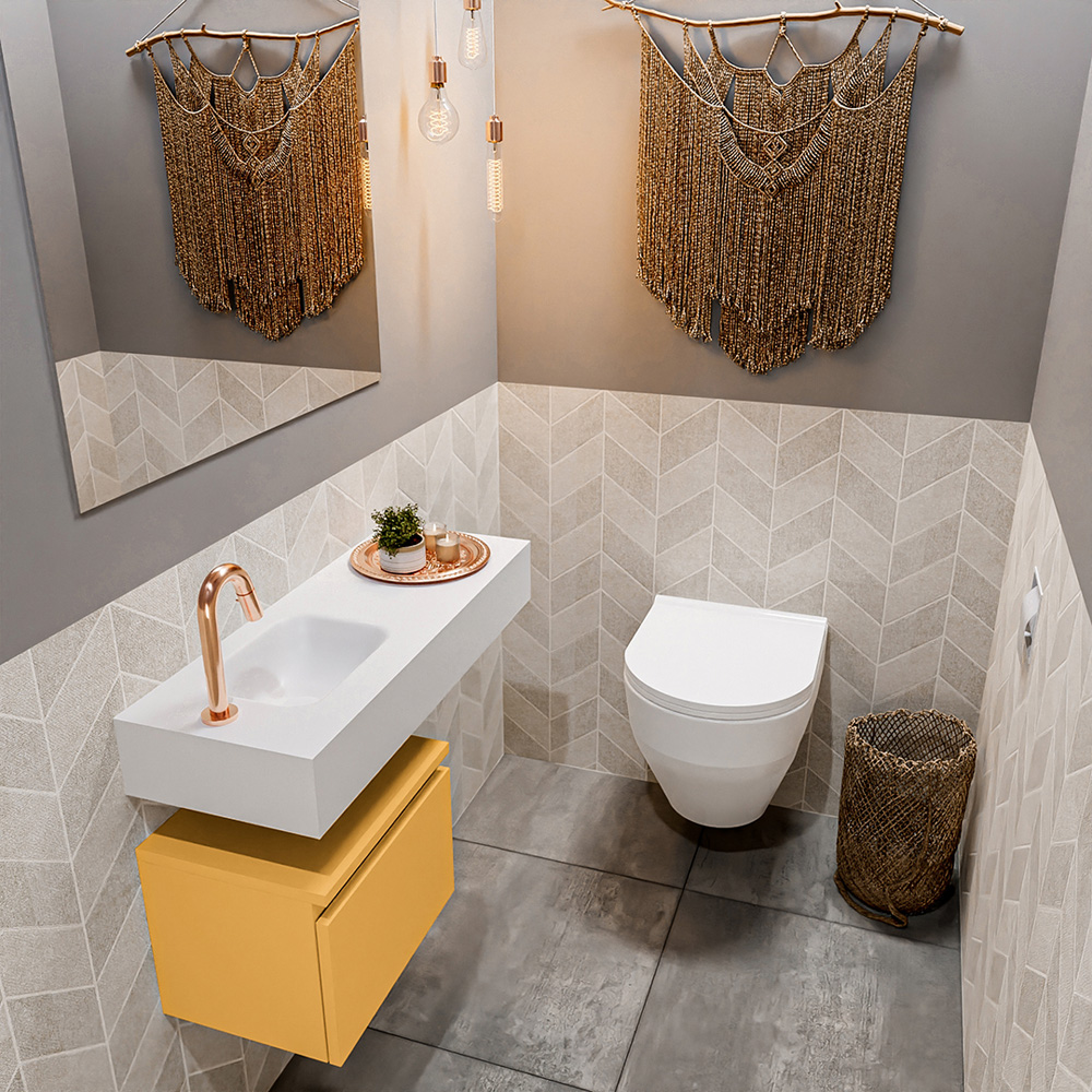 MONDIAZ ANDOR 40cm toiletmeubel ocher. LEX 80cm wastafel talc positie links. Met 1 kraangat