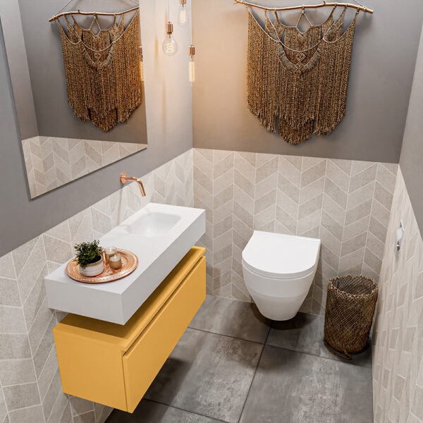 MONDIAZ ANDOR 80cm toiletmeubel ocher. LEX 80cm wastafel talc positie rechts. Zonder kraangat