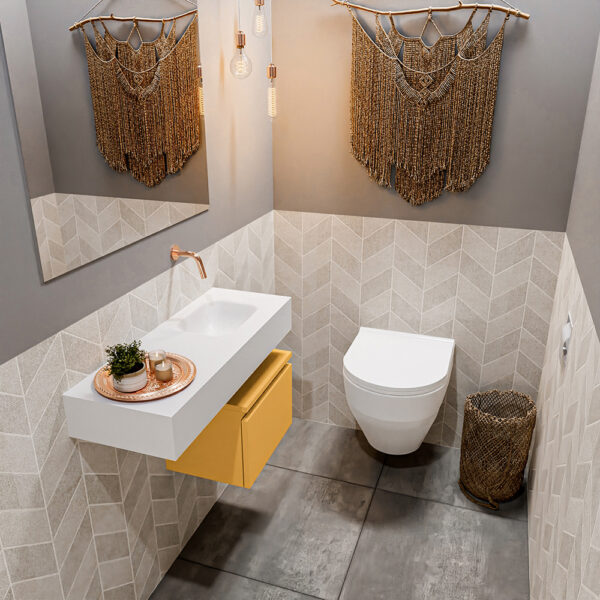 MONDIAZ ANDOR 40cm toiletmeubel ocher. LEX 80cm wastafel talc positie rechts. Zonder kraangat