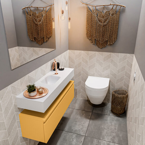 MONDIAZ ANDOR 100cm toiletmeubel ocher. LEX 100cm wastafel talc positie midden. Met 1 kraangat