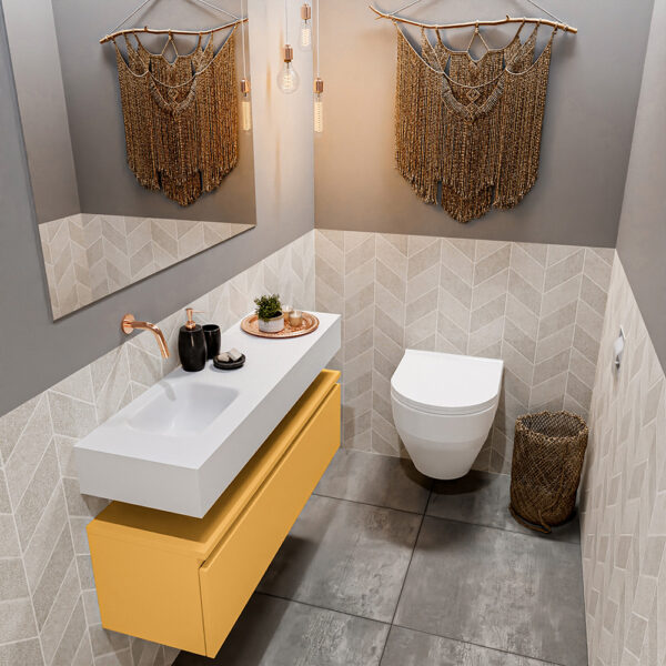 MONDIAZ ANDOR 100cm toiletmeubel ocher. LEX 100cm wastafel talc positie links. Zonder kraangat