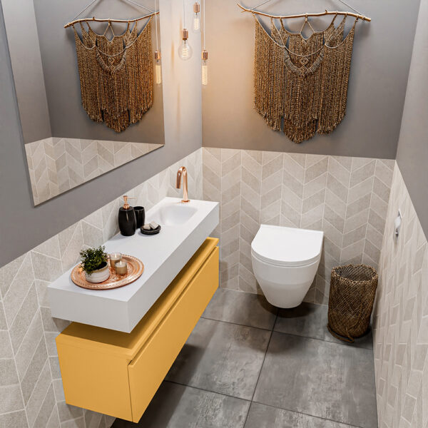 MONDIAZ ANDOR 100cm toiletmeubel ocher. LEX 100cm wastafel talc positie rechts. Met 1 kraangat