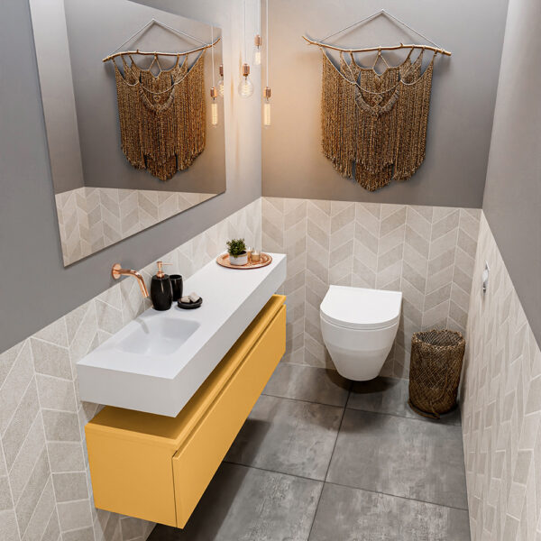 MONDIAZ ANDOR 120cm toiletmeubel ocher. LEX 120cm wastafel talc positie links. Zonder kraangat