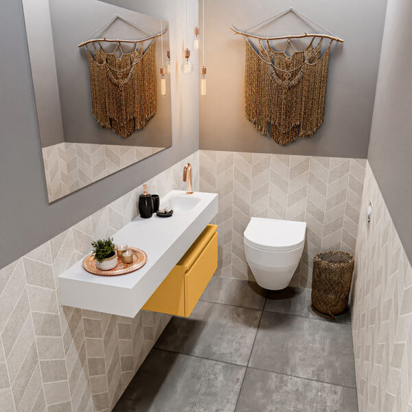MONDIAZ ANDOR 60cm toiletmeubel ocher. LEX 120cm wastafel talc positie rechts. Met 1 kraangat