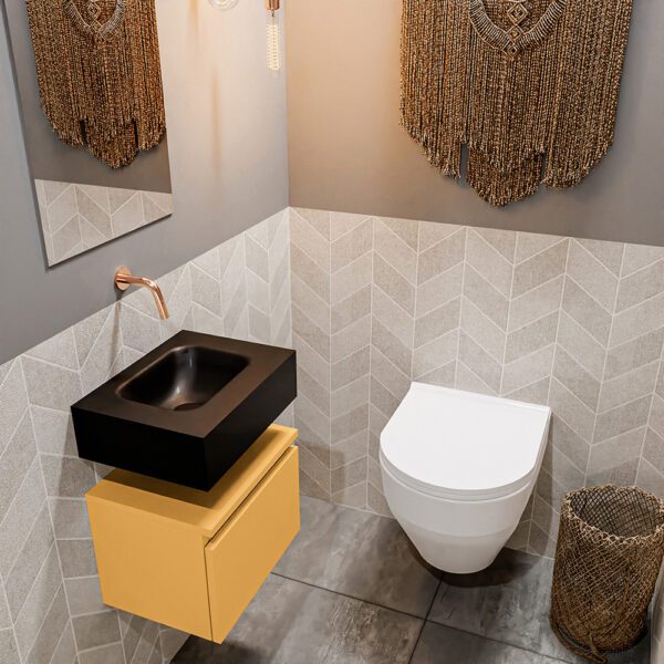MONDIAZ ANDOR 40cm toiletmeubel ocher. LEX 40cm wastafel urban positie midden. Zonder kraangat