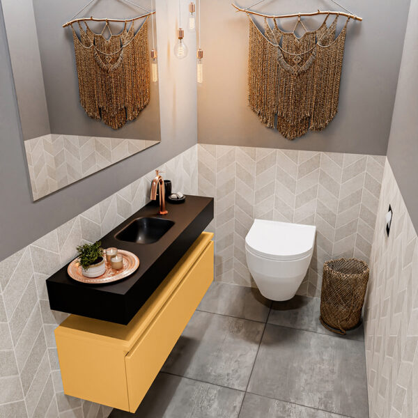 MONDIAZ ANDOR 100cm toiletmeubel ocher. LEX 100cm wastafel urban positie midden. Met 1 kraangat