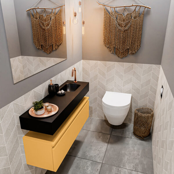 MONDIAZ ANDOR 100cm toiletmeubel ocher. LEX 100cm wastafel urban positie rechts. Met 1 kraangat