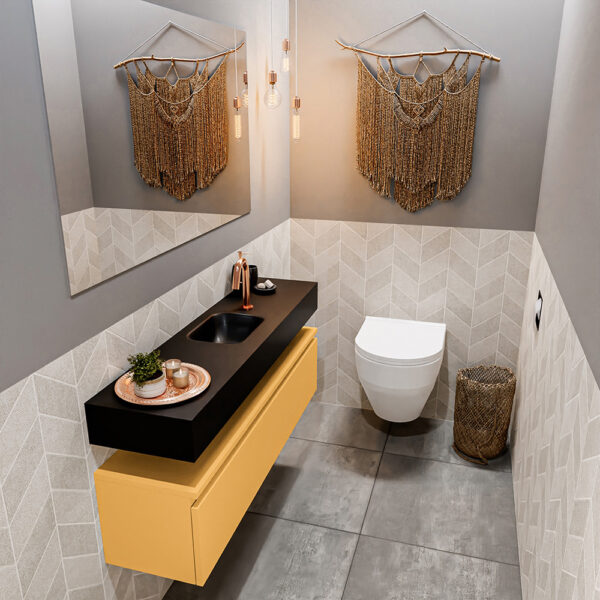 MONDIAZ ANDOR 120cm toiletmeubel ocher. LEX 120cm wastafel urban positie midden. Met 1 kraangat