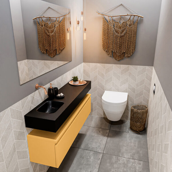 MONDIAZ ANDOR 120cm toiletmeubel ocher. LEX 120cm wastafel urban positie links. Zonder kraangat