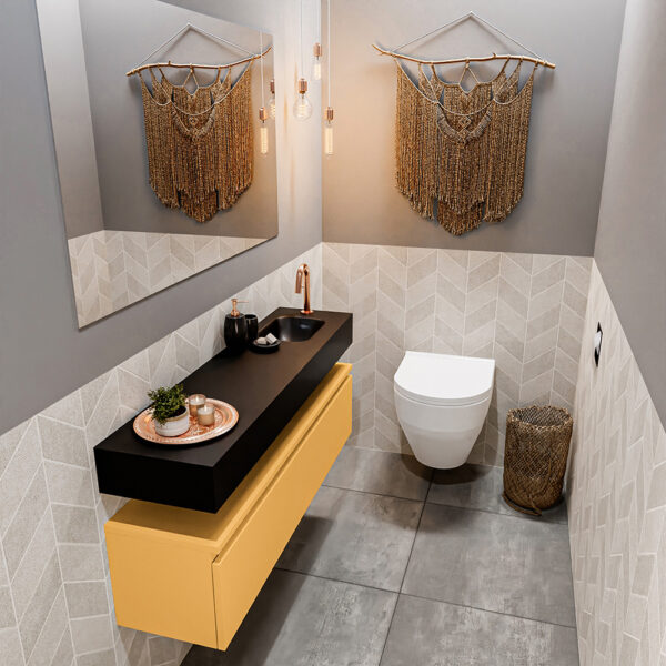 MONDIAZ ANDOR 120cm toiletmeubel ocher. LEX 120cm wastafel urban positie rechts. Met 1 kraangat