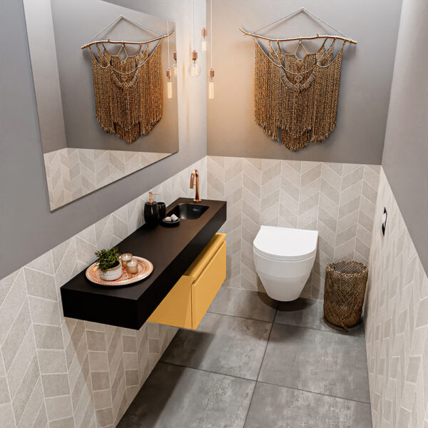 MONDIAZ ANDOR 60cm toiletmeubel ocher. LEX 120cm wastafel urban positie rechts. Met 1 kraangat