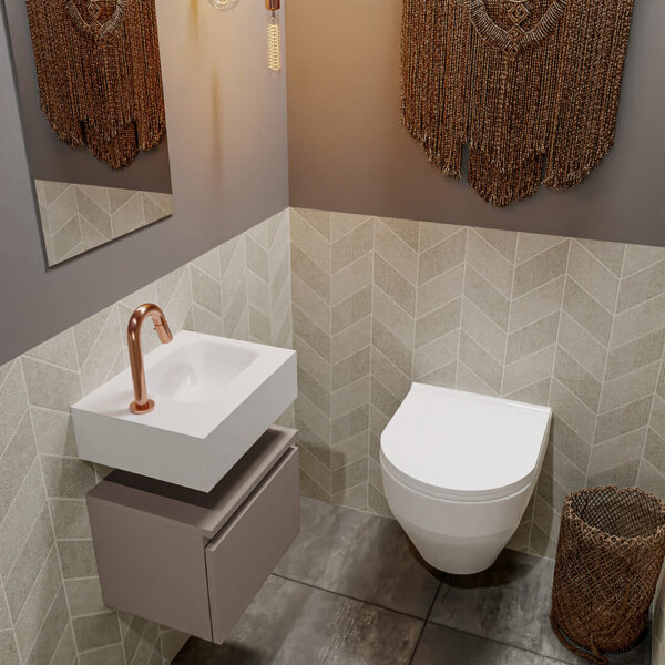 MONDIAZ ANDOR 40cm toiletmeubel smoke. LEX 40cm wastafel talc positie rechts. Met 1 kraangat