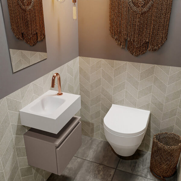 MONDIAZ ANDOR 40cm toiletmeubel smoke. LEX 40cm wastafel talc positie links. Met 1 kraangat