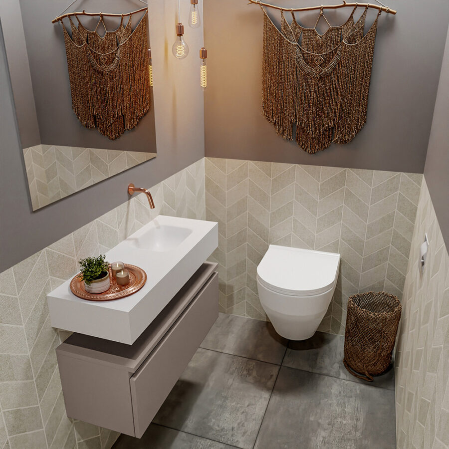 MONDIAZ ANDOR 80cm toiletmeubel smoke. LEX 80cm wastafel talc positie rechts. Zonder kraangat