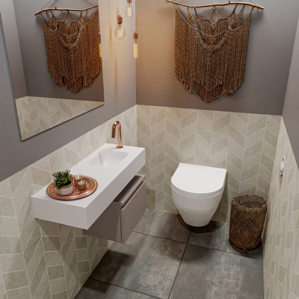 MONDIAZ ANDOR 40cm toiletmeubel smoke. LEX 80cm wastafel talc positie rechts. Met 1 kraangat