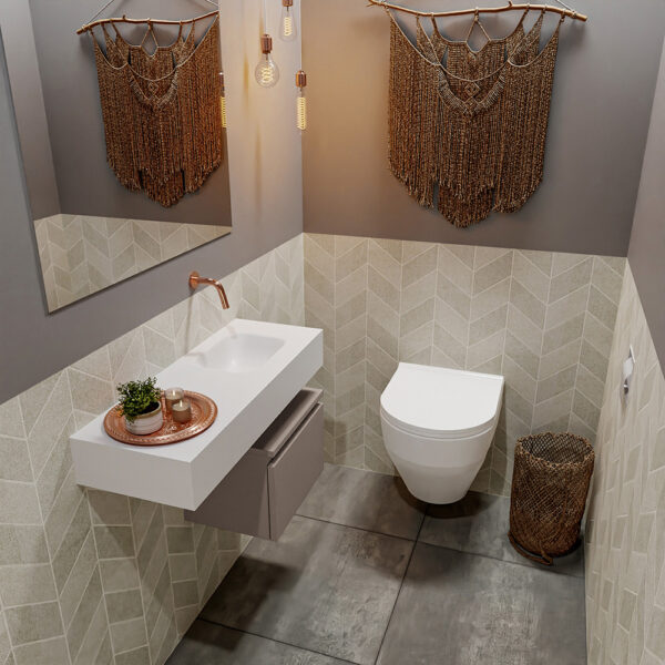 MONDIAZ ANDOR 40cm toiletmeubel smoke. LEX 80cm wastafel talc positie rechts. Zonder kraangat