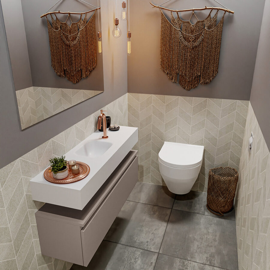 MONDIAZ ANDOR 100cm toiletmeubel smoke. LEX 100cm wastafel talc positie midden. Met 1 kraangat