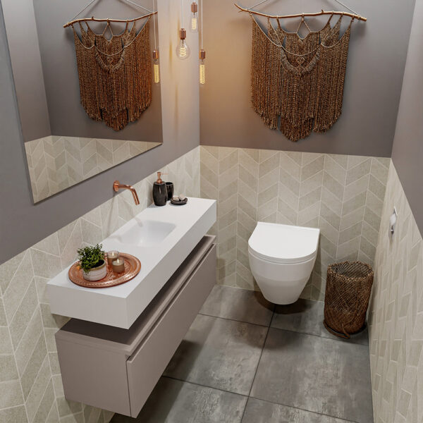MONDIAZ ANDOR 100cm toiletmeubel smoke. LEX 100cm wastafel talc positie midden. Zonder kraangat