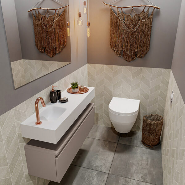 MONDIAZ ANDOR 100cm toiletmeubel smoke. LEX 100cm wastafel talc positie links. Met 1 kraangat