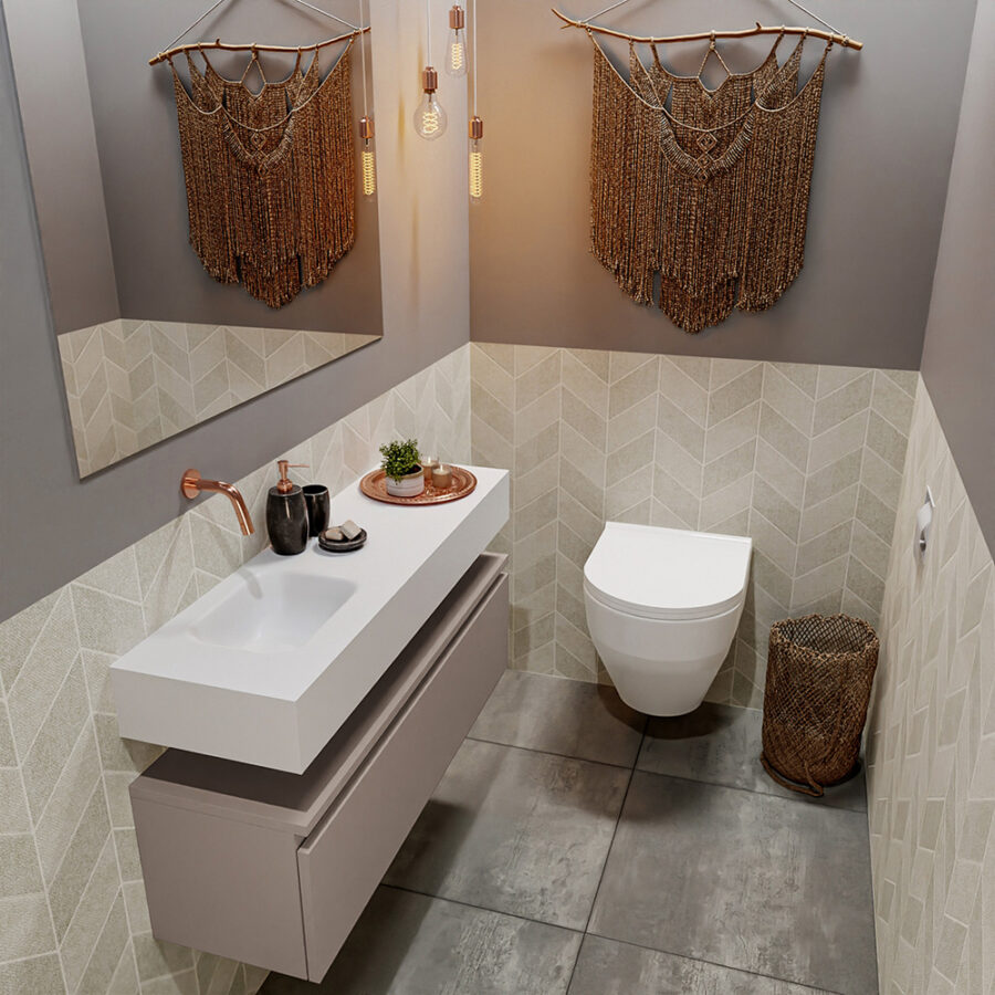 MONDIAZ ANDOR 100cm toiletmeubel smoke. LEX 100cm wastafel talc positie links. Zonder kraangat