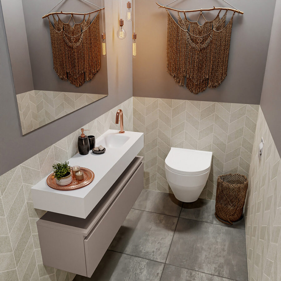 MONDIAZ ANDOR 100cm toiletmeubel smoke. LEX 100cm wastafel talc positie rechts. Met 1 kraangat