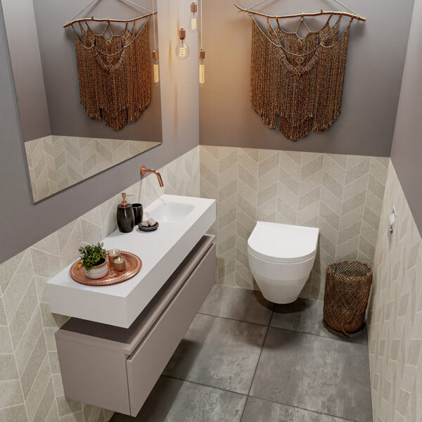 MONDIAZ ANDOR 100cm toiletmeubel smoke. LEX 100cm wastafel talc positie rechts. Zonder kraangat