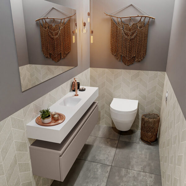 MONDIAZ ANDOR 120cm toiletmeubel smoke. LEX 120cm wastafel talc positie midden. Met 1 kraangat