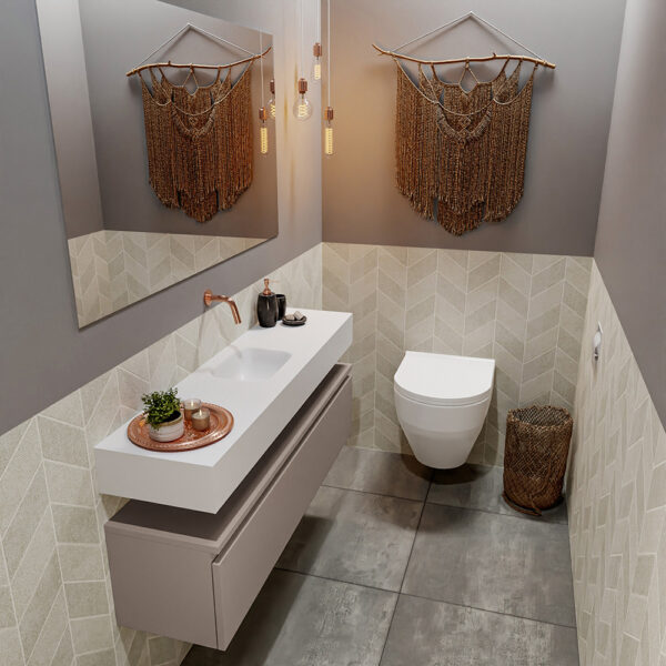 MONDIAZ ANDOR 120cm toiletmeubel smoke. LEX 120cm wastafel talc positie midden. Zonder kraangat
