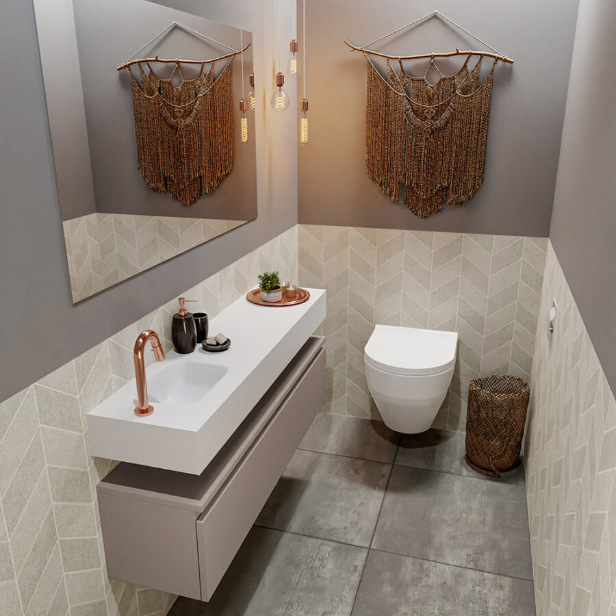 MONDIAZ ANDOR 120cm toiletmeubel smoke. LEX 120cm wastafel talc positie links. Met 1 kraangat