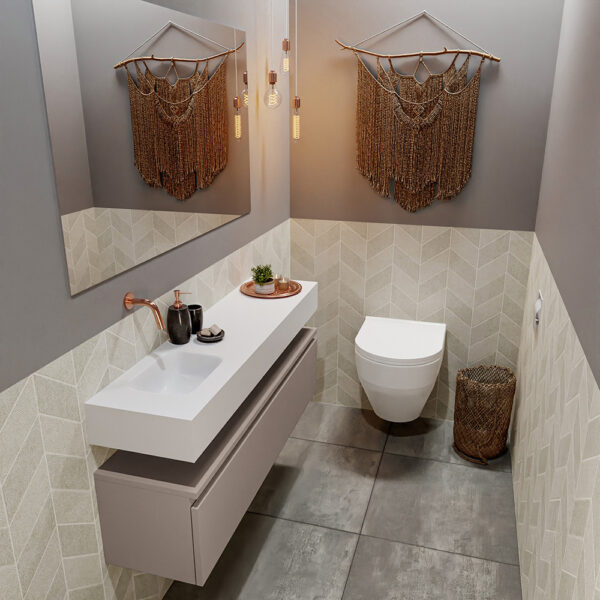 MONDIAZ ANDOR 120cm toiletmeubel smoke. LEX 120cm wastafel talc positie links. Zonder kraangat