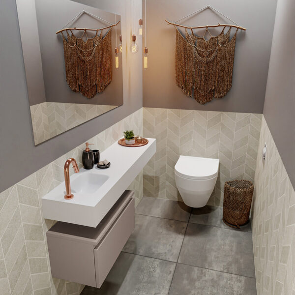 MONDIAZ ANDOR 60cm toiletmeubel smoke. LEX 120cm wastafel talc positie links. Met 1 kraangat