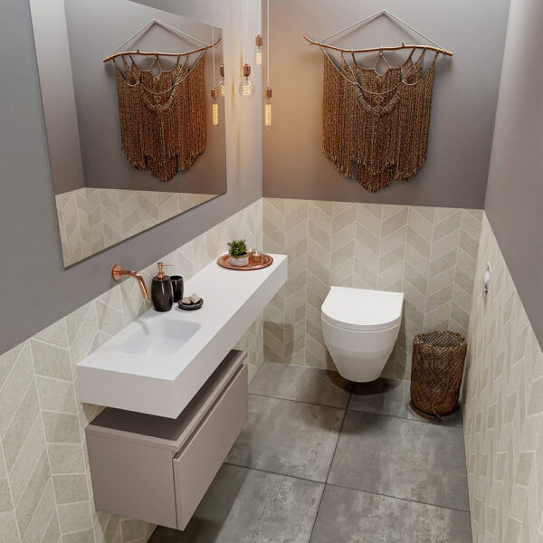 MONDIAZ ANDOR 60cm toiletmeubel smoke. LEX 120cm wastafel talc positie links. Zonder kraangat