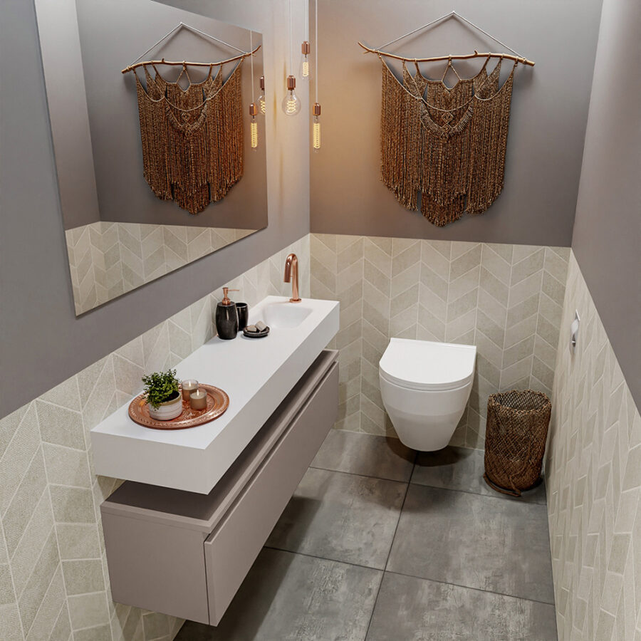 MONDIAZ ANDOR 120cm toiletmeubel smoke. LEX 120cm wastafel talc positie rechts. Met 1 kraangat
