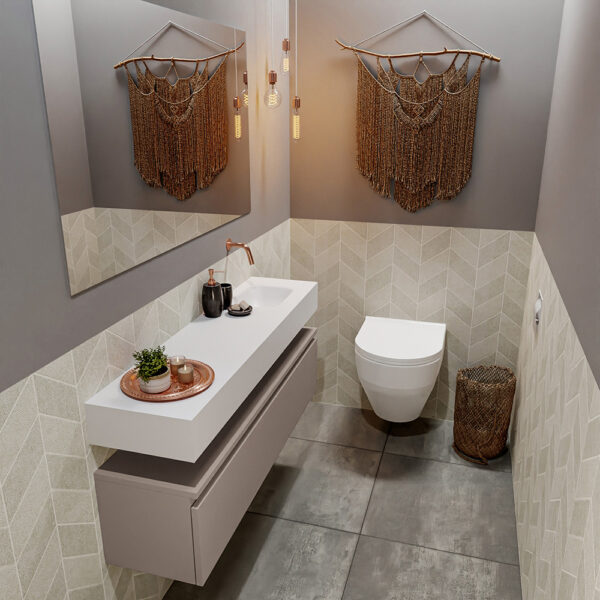 MONDIAZ ANDOR 120cm toiletmeubel smoke. LEX 120cm wastafel talc positie rechts. Zonder kraangat