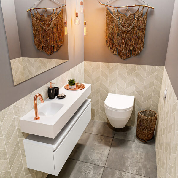 MONDIAZ ANDOR 100cm toiletmeubel talc. LEX 100cm wastafel talc positie links. Met 1 kraangat